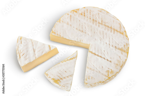 Camembert cheese isolated on white background with clipping path and full depth of field. Top view. Flat lay