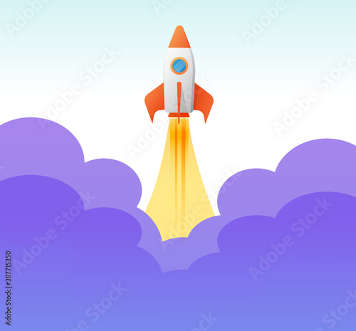 Rocket taking off launch or start flight vector flat cartoon illustration colorful, missile ship flying up in the sky © Elena