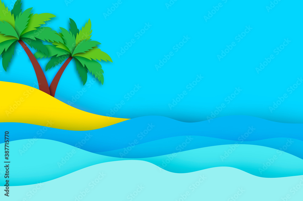 Tropical island. Seaside landscape in paper cut style. Nobody under the green palm trees on Seashore. Time to travel. Tropical beach. Summer holidays. Vector