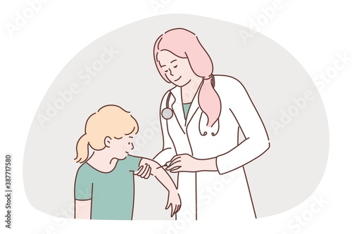 Health, care, vaccination, medicine, coronavirus, infection concept. Woman doctor nurse injecting vaccine syringe to girl child kid from covid19 disease. Virus or flu preventive measures illustration.