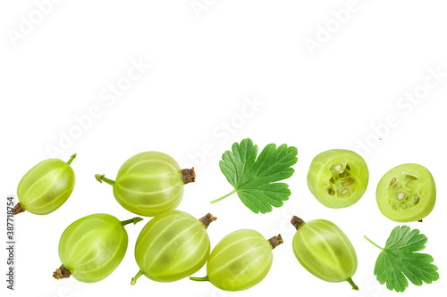 Green gooseberry isolated on white background with clipping path and full depth of field. Top view with copy space for your text. Flat lay photo