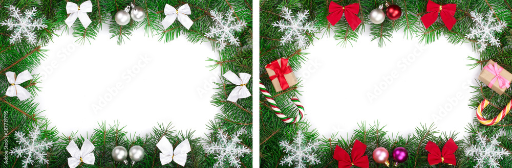 Christmas frame decorated isolated on white background with copy space for your text. Top view.