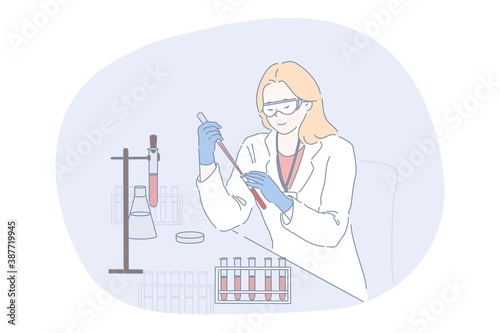 Science, chemistry, coronavirus, analysis, experiment concept. Woman scholar medical lab worker making chemical reaction in laboratory. Scientific test academic research or vaccine covid19 creation.