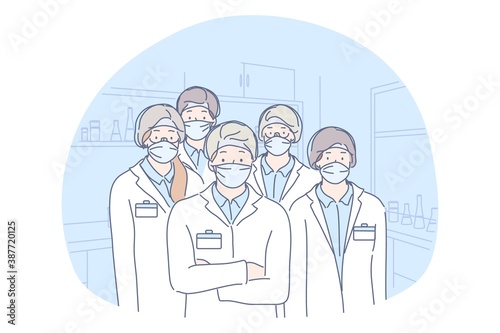 Healthcare, medicine, infection, coronavirus, protection concept. Group or team of men and women doctors lab workers scientists colleagues with medical face masks illustration. Covid19 desease danger.