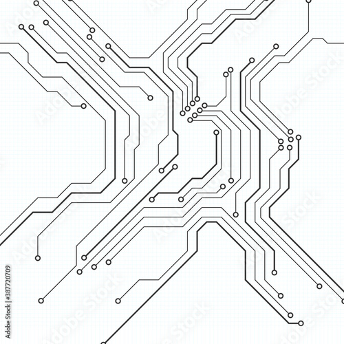 Circuit Board Technology Electronic Scheme Pattern Abstract Background. PCB Trace Black And White Engineering Data Communication Concept Vector.