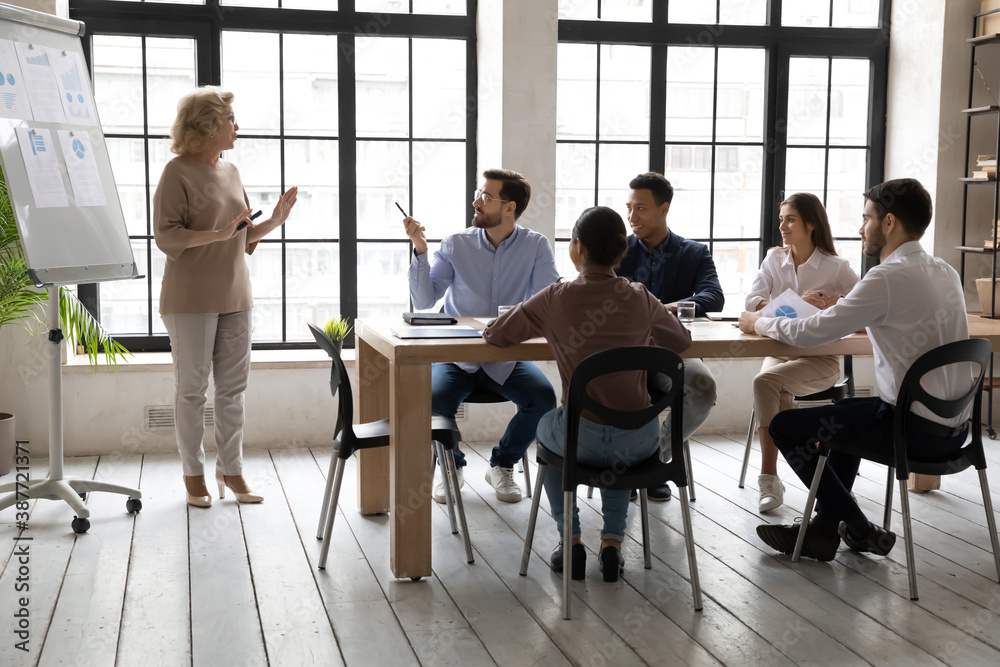 Confident middle-aged businesswoman stand present business project on flip chart at meeting or briefing in office. Female speaker or trainer talk make whiteboard presentation at educational training.