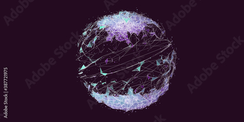Abstract technology sphere colorfu on darkl background. Chaotically connected points,lines and polygons.  Futuristic polygonaly  style. Banner for business, technology  and science presentations.