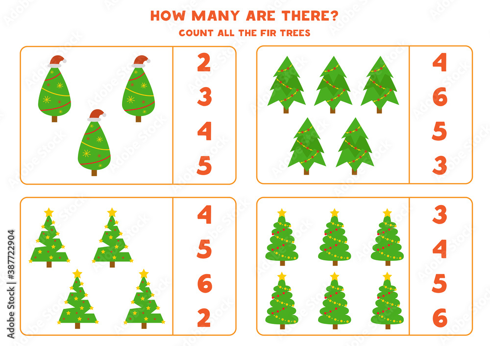Naklejka premium How many fir trees are there. Educational math game for kids.