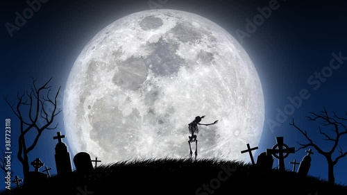Animated Skeleton Dancing in the Graveyard with Full Moon - 3D Illustration.  Moon image courtesy of NASA.