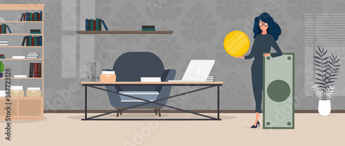 The girl is holding a dollar. Woman with a gold coin in her hands. The concept of earning and successful business. Vector.