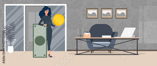 The girl is holding a dollar. Woman with a gold coin in her hands. The concept of earning and successful business. Vector.