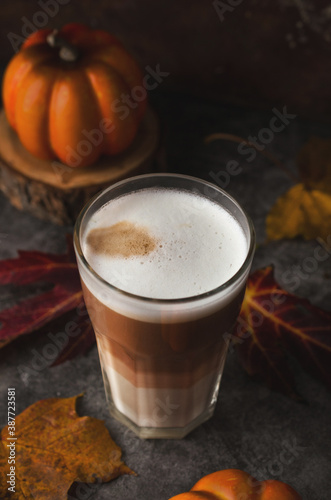 Autumn latte coffee pumpkin on dark background.