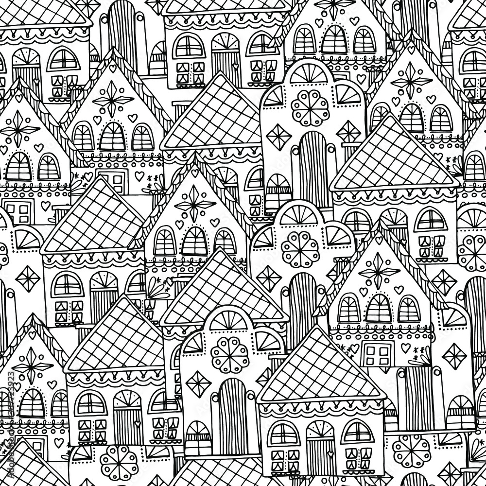 Pattern with beautiful houses. Christmas gingerbread houses. New Year's street. Coloring book for children and adults. anti-stress with small details. architecture. For banner, coloring, wallpaper, 