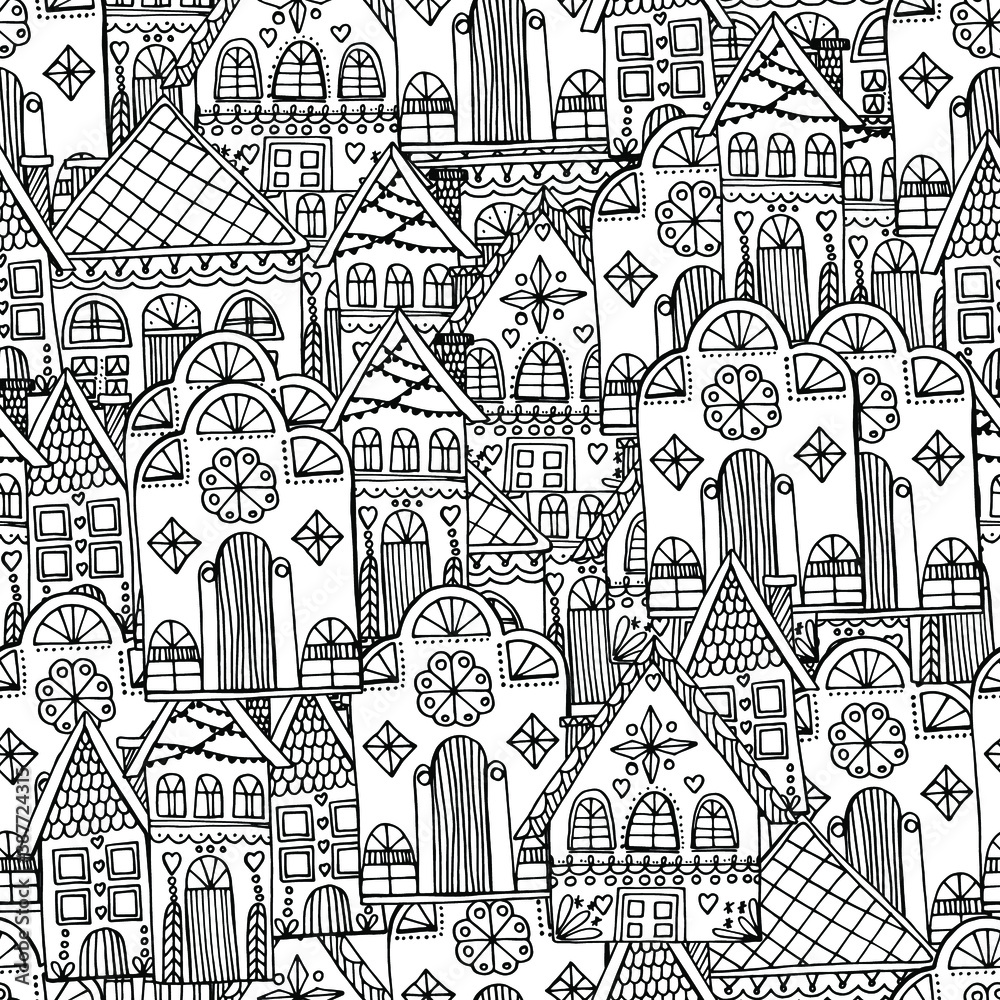 Pattern with beautiful houses. Christmas gingerbread houses. New Year's street. Coloring book for children and adults. anti-stress with small details. architecture. For banner, coloring, wallpaper, 