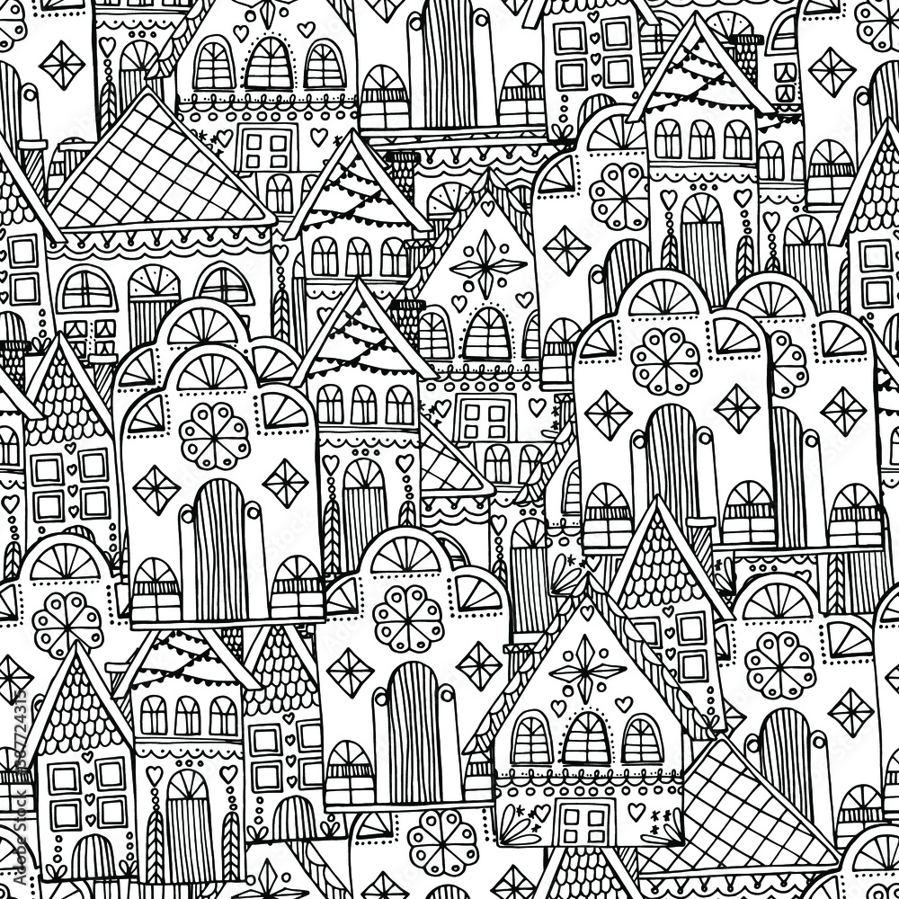 Obraz premium Pattern with beautiful houses. Christmas gingerbread houses. New Year's street. Coloring book for children and adults. anti-stress with small details. architecture. For banner, coloring, wallpaper, 