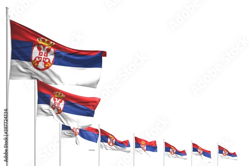 cute many Serbia flags placed diagonal isolated on white with space for content - any celebration flag 3d illustration..