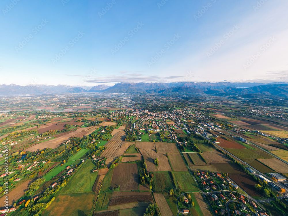 Friuli Venezia Giulia Panoramic view, aerial shot of Italian countryside with beautiful mountains
