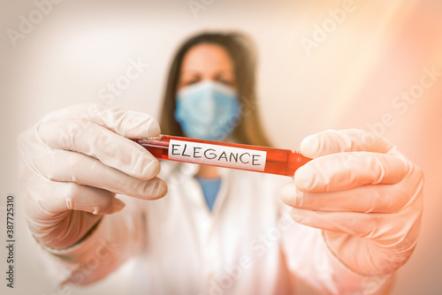 Writing note showing Elegance. Business concept for scientific precision, neatness, and simplicity of something Laboratory blood test sample for medical diagnostic analysis