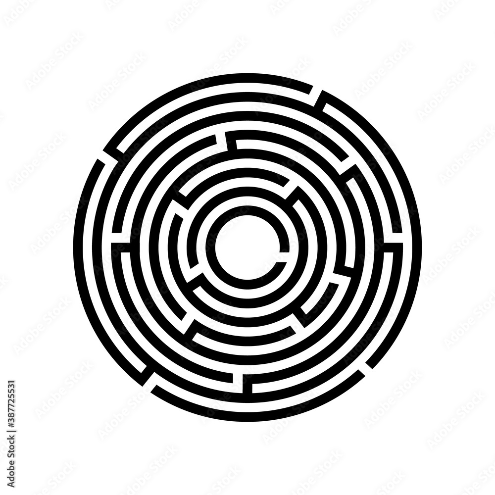 Logic maze game. Find a way out, a tangled path. Circle with black lines on an isolated white background. Vector illustration. For print and web. Logic maze game. Find a way out, a tangled path. Circle with black lines on an isolated white background. Vector illustration. For print and web.