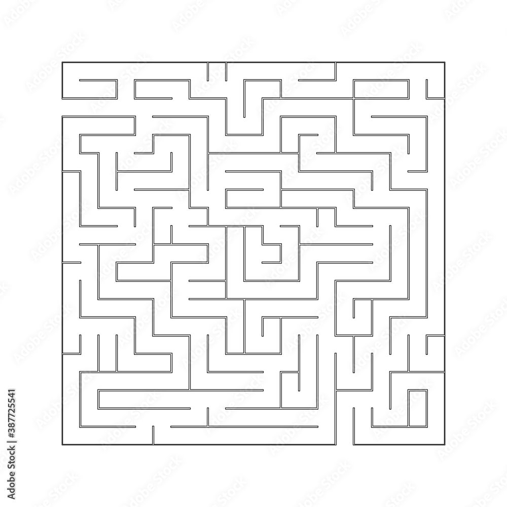 Logic maze game. Find a way out, a tangled path. Square with black lines on an isolated white background. Vector illustration. For print and web.