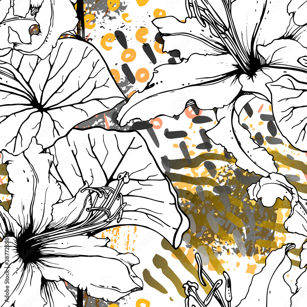 Fototapeta premium Floral Black White Pattern. Modern Watercolor