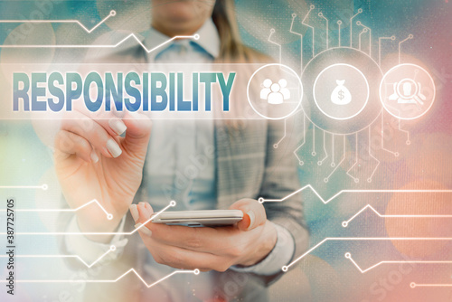 Text sign showing Responsibility. Business photo text state of being responsible, something for one is responsible System administrator control, gear configuration settings tools concept photo