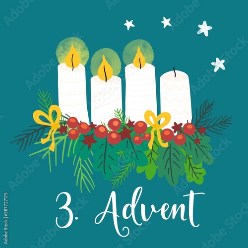 Advent wreath illustration. Christmas arrangements with 4 candles, two burning, bows, berries and pine branches. 2nd Advent. German holiday tradition. Christmas countdown for cards, social media posts