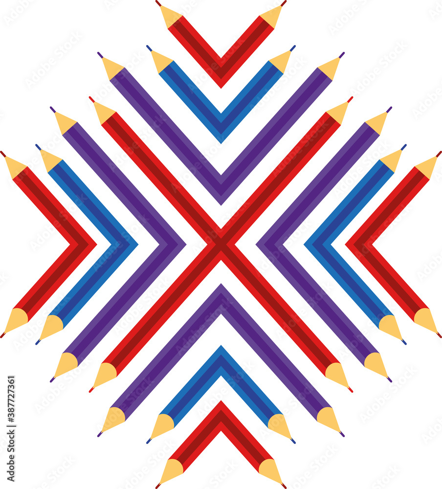 Snowflake pattern of colored pencils, red, blue, purple. Bright, juicy pattern. Snowflake pattern of colored pencils, red, blue, purple. Bright, juicy pattern.