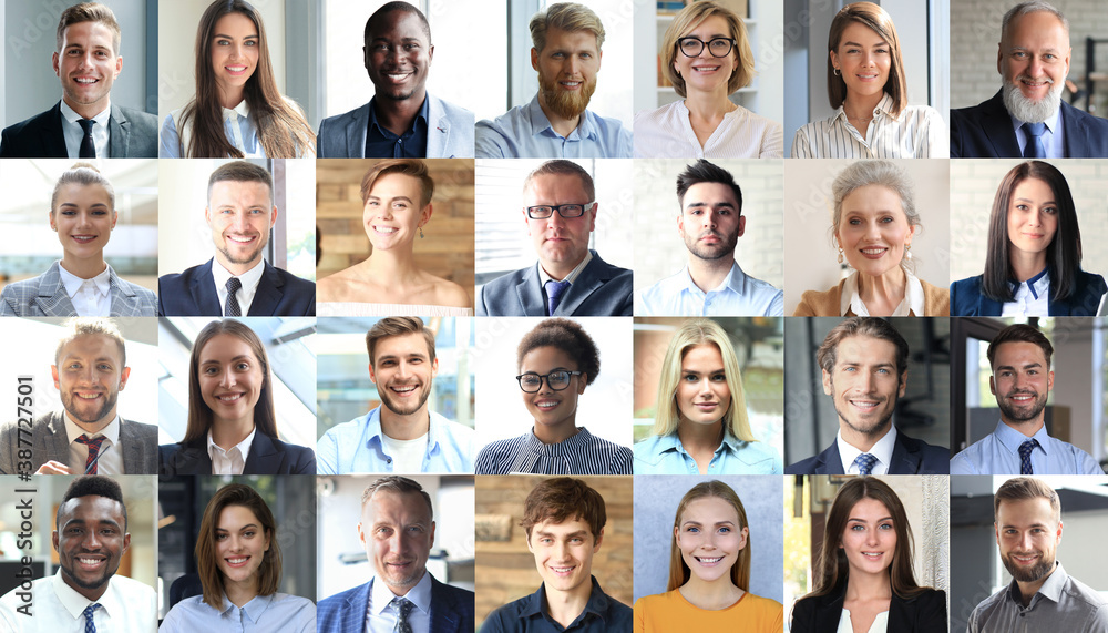Happy group of multiethnic business people men and women. Different young and old people group headshots in collage. Multicultural faces looking at camera. - obrazy, fototapety, plakaty 