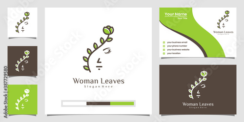 Woman face combine with leaf logo design and business card.