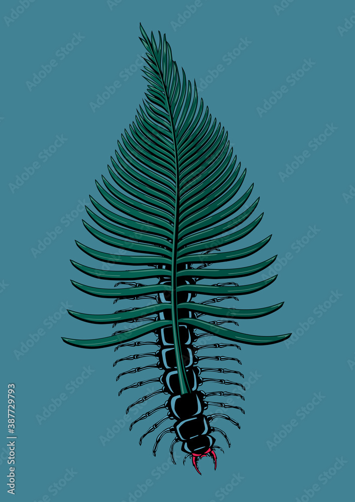 Scolopendra bug with tropical leaf. Insect with palm tree. Tattoo style vector print. Poster with beetle and exotic flora. Mimicry concept.