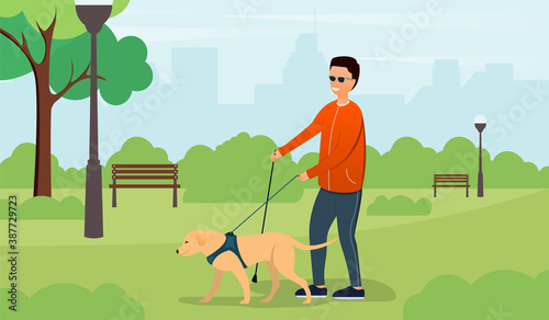 A blind man walking in the park with the help of a guide dog. Flat cartoon vector illustration.