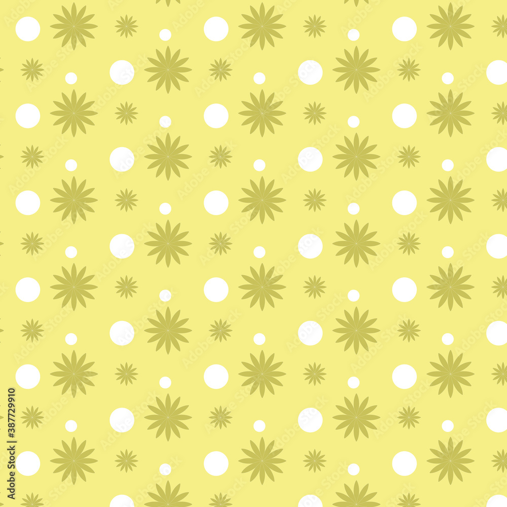 Seamless pattern with flowers and circles on a yellow background.