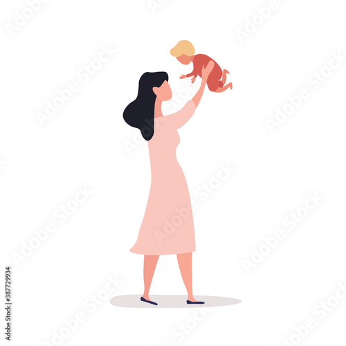 The concept of motherhood, care and love for children. Mom playing with her baby lifting him up above her head. Flat cartoon vector illustration isolated on white background.
