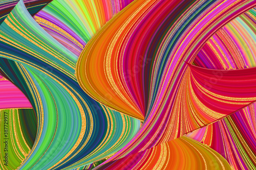 Illustration of multicolored overlapping twists and swirls. Abstract pattern.  Bright dynamic background with colorful wavy lines.