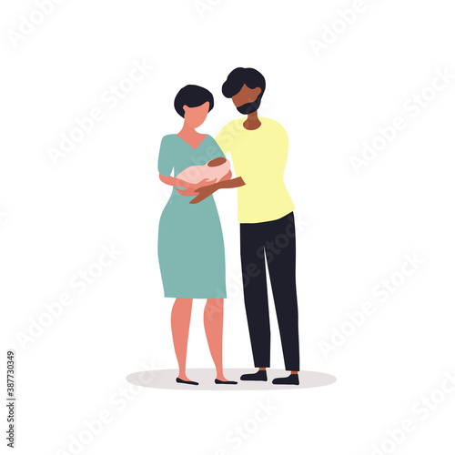 The concept of motherhood, care and love for children. Multiracial mom and dad holding the baby in their arms. Flat cartoon vector illustration isolated on white background.