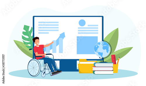 The concept of online education with a disabled young guy in a wheelchair, who got the opportunity to study at home thanks to modern telecommunication technologies. Flat cartoon vector illustration.