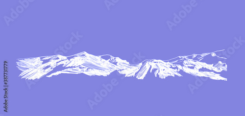 Vector Snow Mountain Sketch, Sky Blue Background, Hand Drawn Illustration, White Chalk.