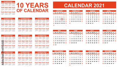 2021-2030 ten years of calendar simple red second edition