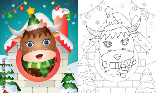 coloring book with a cute buffalo christmas characters using hat and scarf inside the house © riko_design