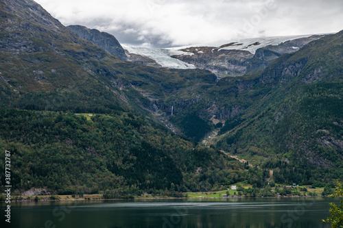 The folgefonna Glacier high above the hardangerfjord in Norway © marcohollander