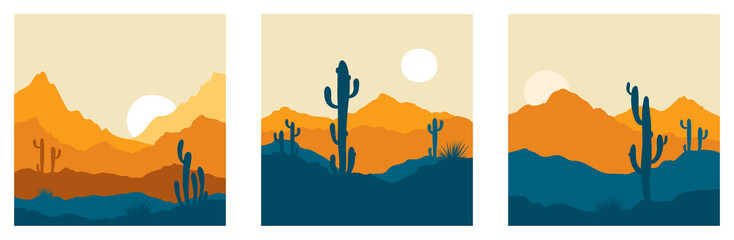 Rideaux Beige Abstract landscape with cactus / Set vector illustrations, backgrounds, triptych, twilight in mexico   © imagination13