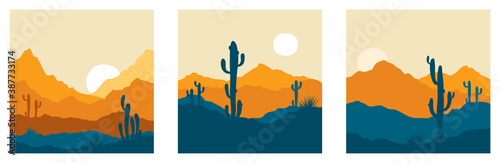 Abstract landscape with cactus / Set vector illustrations, backgrounds, triptych, twilight in mexico	