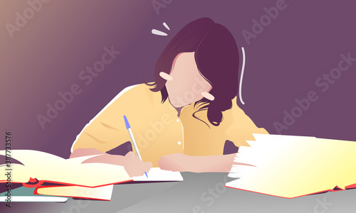 Smart preteen schoolgirl doing her homework with 4 books at home. Education and distance learning for kids. Homeschooling during quarantine