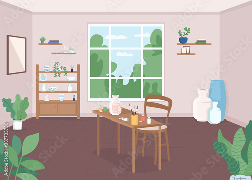 Pottery classroom flat color vector illustration. Craftsmanship lesson. Workshop for artist. Paint ceramics for hobby. Art class. Craft studio 2D cartoon interior with window on background
