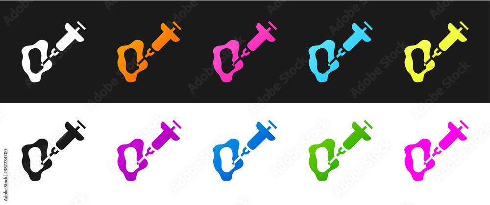 Set GMO syringe icon isolated on black and white background. Genetically modified organism acronym. Dna food modification. Vector. Set GMO syringe icon isolated on black and white background. Genetically modified organism acronym. Dna food modification. Vector.