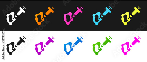 Set GMO syringe icon isolated on black and white background. Genetically modified organism acronym. Dna food modification. Vector.