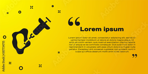 Black GMO syringe icon isolated on yellow background. Genetically modified organism acronym. Dna food modification. Vector.