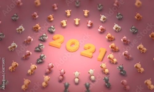 Fototapeta Naklejka Na Ścianę i Meble -  colorful smile baby cute of many cows in the red ground. ox character new year concept. 2021 orange number on a red ground. cartoon horoscope fortune concept. focus on the number. 3d illustrator.
