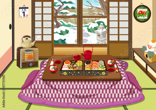 お正月素材　日本の正月風景　和室　炬燵